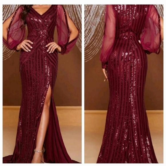 Burgundy Contrast Sequined and Mesh,  Split Thigh, M… - Picture 1 of 11